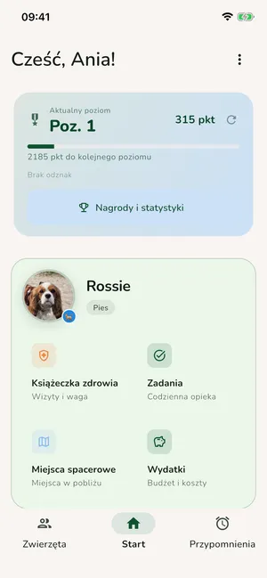 Petit app dashboard showing a pet's level, points, and health book modules