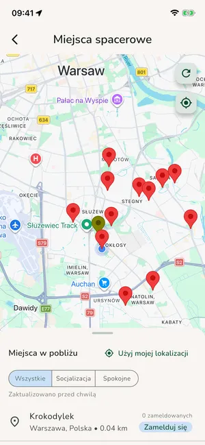 Petit app map showing nearby walking spots and check-ins